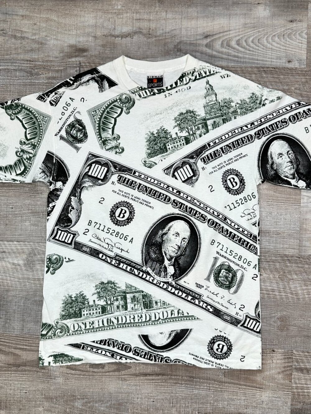Vtg 100 Dollar Bill Money All Over Print T-shirt Signal Sports Single Stitch USA